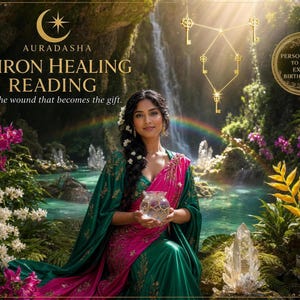 May include: A digital graphic for a Chiron Healing Reading by Auradasha featuring text, a person in a green and pink garment holding a glass bowl, a waterfall, crystals, and golden keys. The text reads: Auradasha, Chiron Healing Reading, The wound that becomes the gift, and Personalized to your exact birth chart.