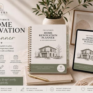 May include: A spiral-bound home renovation planner with a beige cover, a sketch of a house, and green accents. The planner features tabbed sections, and a digital tablet displays the same cover design. A gold pen rests on a notebook below the planner.