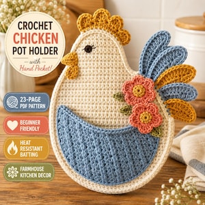 Patrón de agarradera de pollo a crochet, salvamanteles estilo granja, agarradera de pollo en PDF, decoración de cocina a crochet, patrón de crochet para principiantes