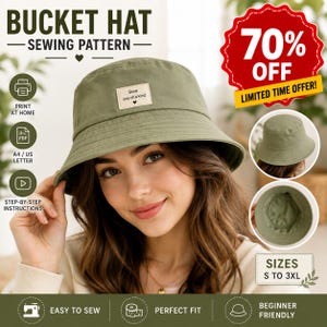 May include: An olive green bucket hat with a small rectangular label on the front that reads Sew one of a kind with a heart icon. The hat features a wide brim and a flat crown. The design is presented as a sewing pattern for sizes S to 3XL.