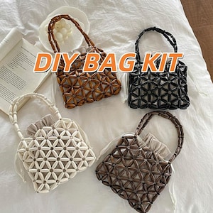 May include: Four DIY bag kits featuring handbags constructed from interconnected wooden beads in white, light brown, dark brown, and black. Each bag includes a drawstring fabric pouch insert and matching beaded handles. The text DIY BAG KIT is visible.
