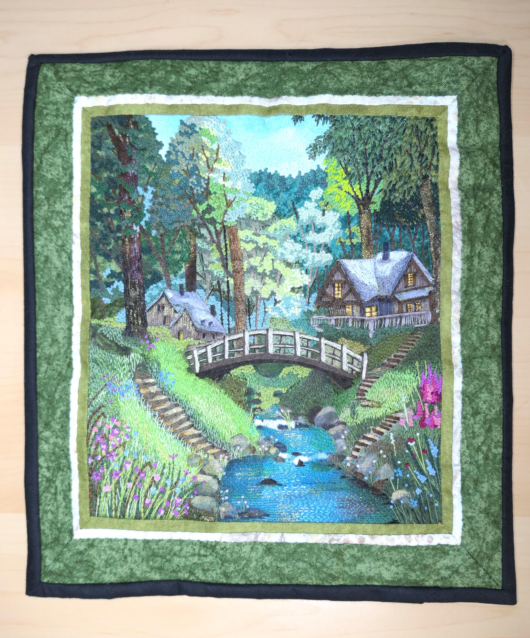 Handmade Quilt Wall Hanging: Fantasy Cottages in Woods Scene