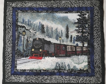 Small Art Quilt Fiber Art Quilt Train in Winter Scenery Wall Hanging Winter Landscape Home Decor Gift for Train Lover Small Wall Art No-182