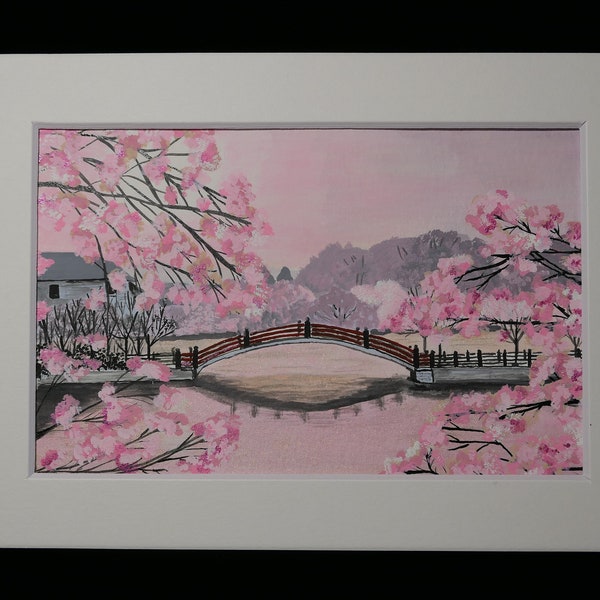 Watercolor Painting, 4 x 6 inch matted picture by JadoreArtCreations: A Walk Through the Cherry Blossoms, WC-015