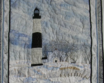 Art Quilt Fiber Art Quilt Small Wall Hanging Michigan Landscapes Big Sable Point Lighthouse Pictures Home Decor Gifts for Traveler for Her