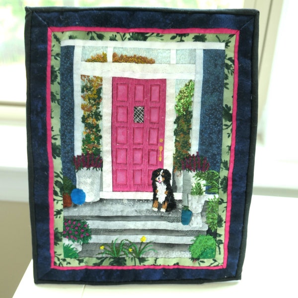 Small Art Quilt Picture of Hot Pink Front Door Wall Hanging Home Décor Small Space Art Dog Lovers Gift for Her No-241