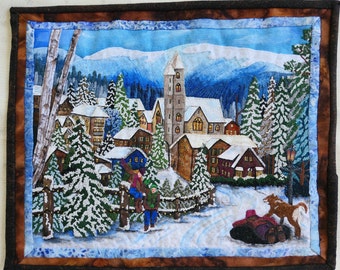 Small Art Quilt Fiber Art Quilt Christmas Scenery Small Town Scenery Small Wall Hanging Winter Landscapes Home Decor Gifts for Her No-163