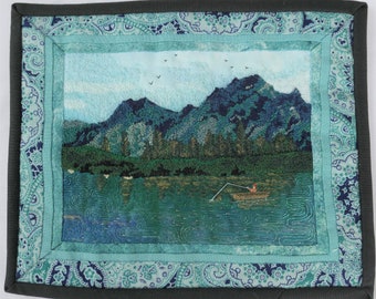 Small Art Quilt Fiber Art Quilt Mountain Scenes Fishing Scenes Small Wall Hanging for Home Decor Gifts for Office for Her No-192