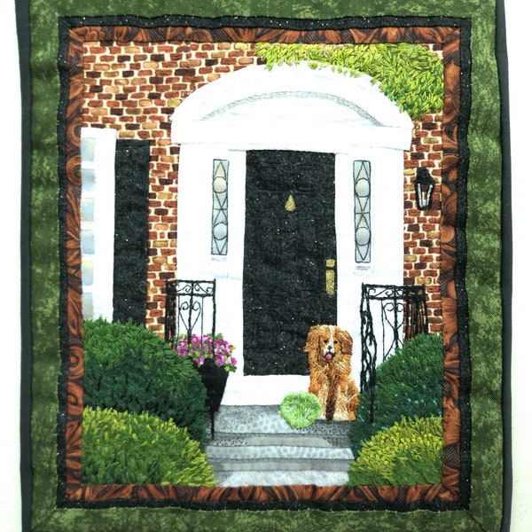 Small Art Quilt Picture of Black Front Door Color Meaning Wall Hanging Home Décor Small Space Art Lovers of Dogs Gift for Her No-235