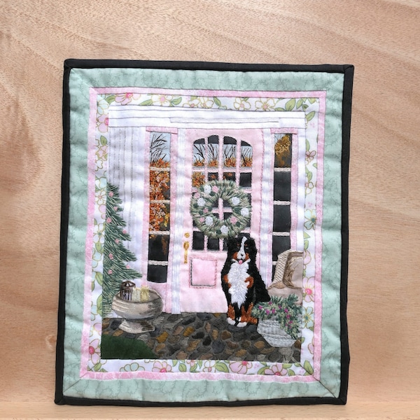 Small Art Quilt Picture of Pink Front Door Wall Hanging New Home Décor Small Space Art Lovers of Bernese Mountain Dog Gift For Her No-237