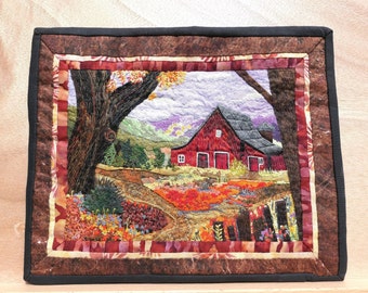 Small Art Quilt Picture Wall Hanging Home Décor Small Space Art Lovers Gift Red Barn Fall Landscape, No-232