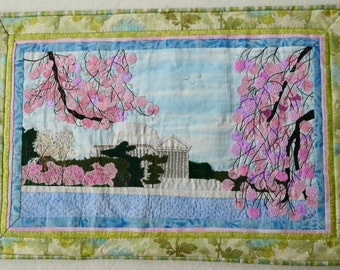 Art Quilt Wall Hanging Fiber Art Landscape of Jefferson Memorial Cherry Blossom Trees National Icon Embroidery Art Home Decor Gift For Her