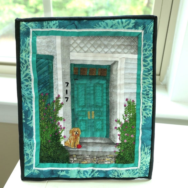 Small Art Quilt Picture of Aqua Front Door Wall Hanging New Home Décor Small Space Art Dog Lovers Gift for Her House Warming Gift No-240