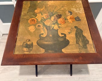 Vintage 1940s Folding Tilt-Top Table | Floral Still Life Card Table | Tuscan Accent Table | Cottage Farmhouse Decor | Wall Display Table
