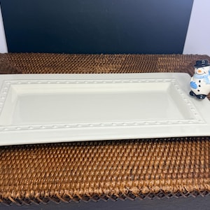 Retired Nora Fleming Pearl Dot Stoneware Platter 15” x 7.5” with Snowman Mini Charm | White Rectangular Serving Tray | Holiday Entertaining