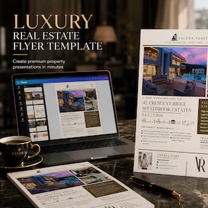 May include: A laptop displaying a real estate flyer template on a screen, alongside a printed flyer for 42 Crescent Ridge Westbrook Estates and a black coffee cup. The flyer features property details, a photo of a house, and contact information.