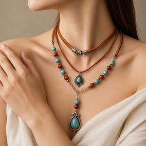 Può includere: Una collana a più fili con cordini in pelle marrone, perline color turchese e marrone e accenti in metallo argentato. Il design include un ciondolo centrale a forma di goccia con una pietra turchese e dettagli in metallo lavorato.