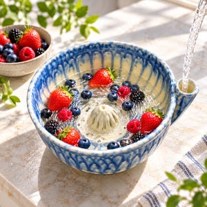 Ceramic Berry Washing Bowl, Pottery Strainer, Fruit Colander, Water Powered Rinsing Bowl, Produce Washer, Housewarming Gift for Home Cook