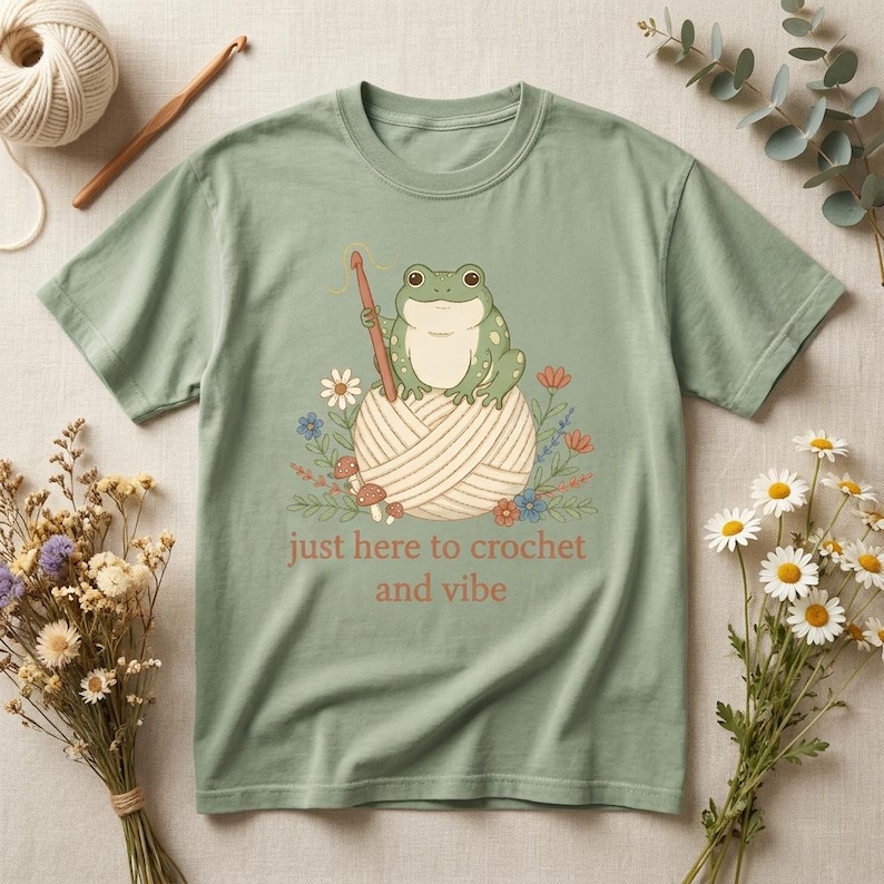Funny Crochet Frog Shirt, Yarn Lover Gift, Cottagecore Comfort Colors Tee image 1