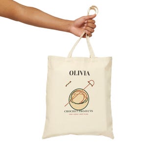 Personalized Crochet Tote Bag, Custom Name Yarn Lover Gift, Cotton Project Carry Bag image 4