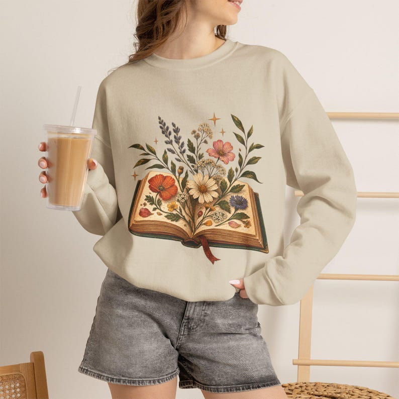 Book Lover Sweatshirt, Floral Open Book Crewneck, Reader Gift, Librarian Teacher Bookish Sweater image 3