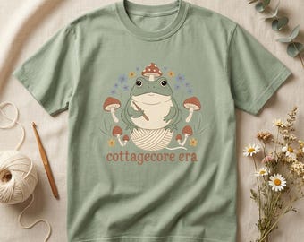 Camiseta de ganchillo con un lindo sapo, camiseta de ganchillo estilo cottagecore con rana, regalo divertido de ganchillo para mujeres, camiseta gráfica Comfort Colors con rana y setas
