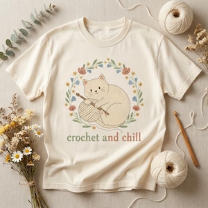Cat Crochet Shirt, Cottagecore Yarn Lover Gift, Comfort Colors Tee image 1