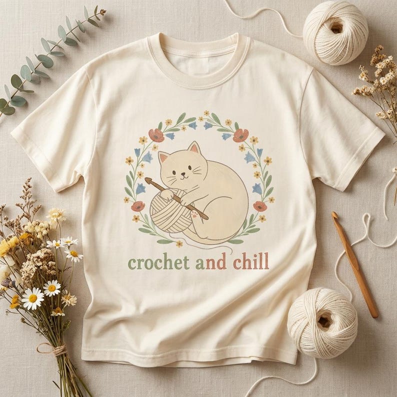 Cat Crochet Shirt, Cottagecore Yarn Lover Gift, Comfort Colors Tee image 1