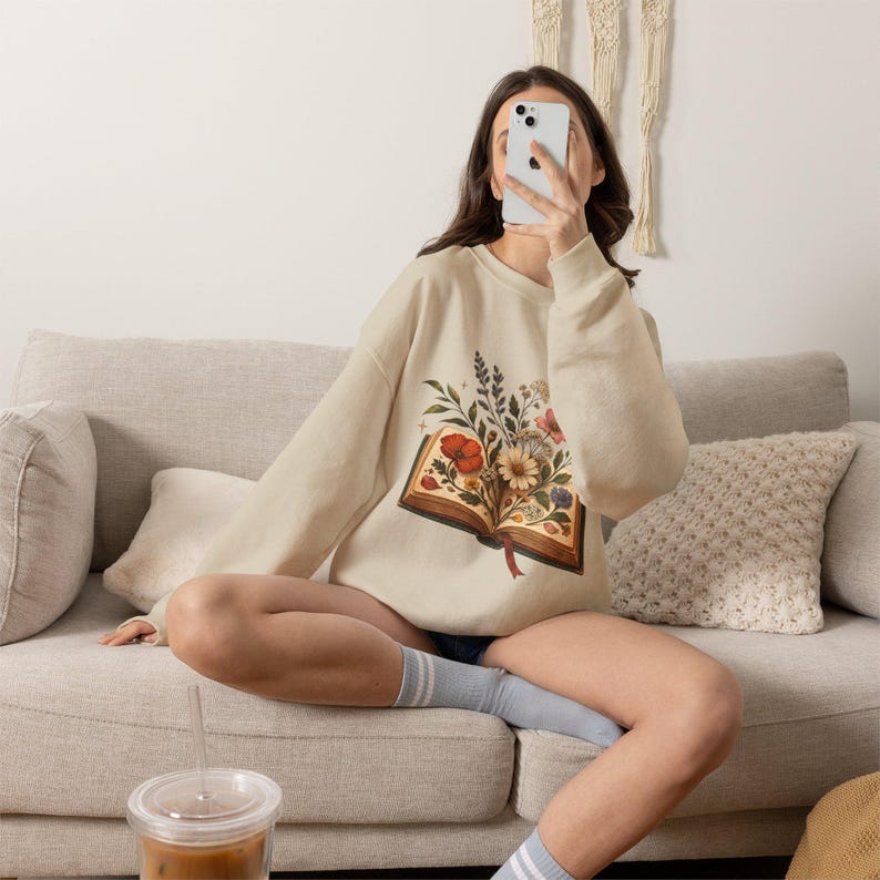 Book Lover Sweatshirt, Floral Open Book Crewneck, Reader Gift, Librarian Teacher Bookish Sweater image 4