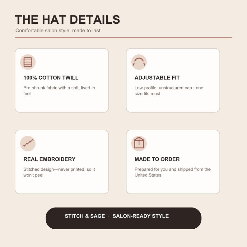May include: An informational graphic titled THE HAT DETAILS featuring four sections: 100% COTTON TWILL, ADJUSTABLE FIT, REAL EMBROIDERY, and MADE TO ORDER. Each section includes a small icon and descriptive text. The bottom contains a black bar with the text STITCH & SAGE &middot; SALON-READY STYLE.