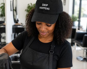 Snip Happens Hairstylist Hat, Embroidered Distressed Cap for Hairdresser or Salon Owner
