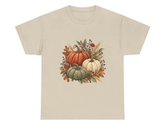Camiseta de calabazas para mujer, camiseta de otoño con estampado de calabazas tradicionales, camiseta con estampado botánico de otoño, conjunto de cosecha.