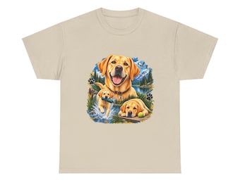 Camiseta amarilla de Labrador Retriever, camiseta para amantes de los perros y actividades al aire libre, regalo para mamás de Labrador, camiseta con estampado de lago de montaña.