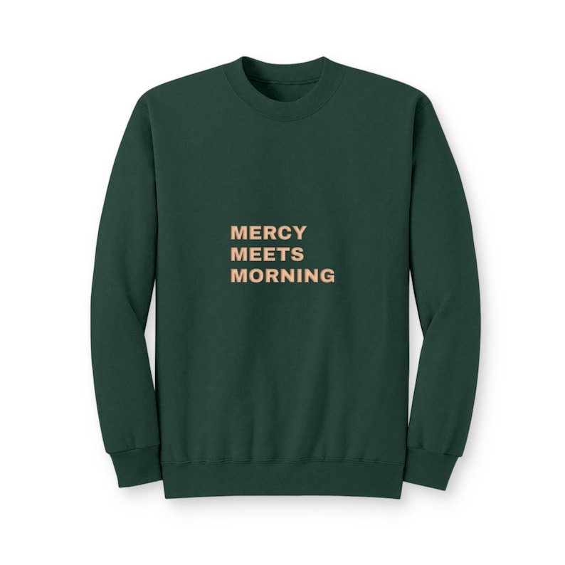 Bluza z kapturem Mercy Meets Morning Christian Puff, okrągły dekolt z wypukłym napisem Faith, prezent motywacyjny dla kobiet zdjęcie 2