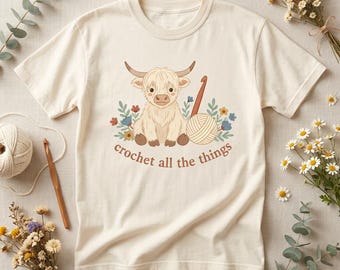 Highland Cow Crochet Shirt, Cottagecore Yarn Lover Tee, Comfort Colors Graphic (Garment-Dyed)