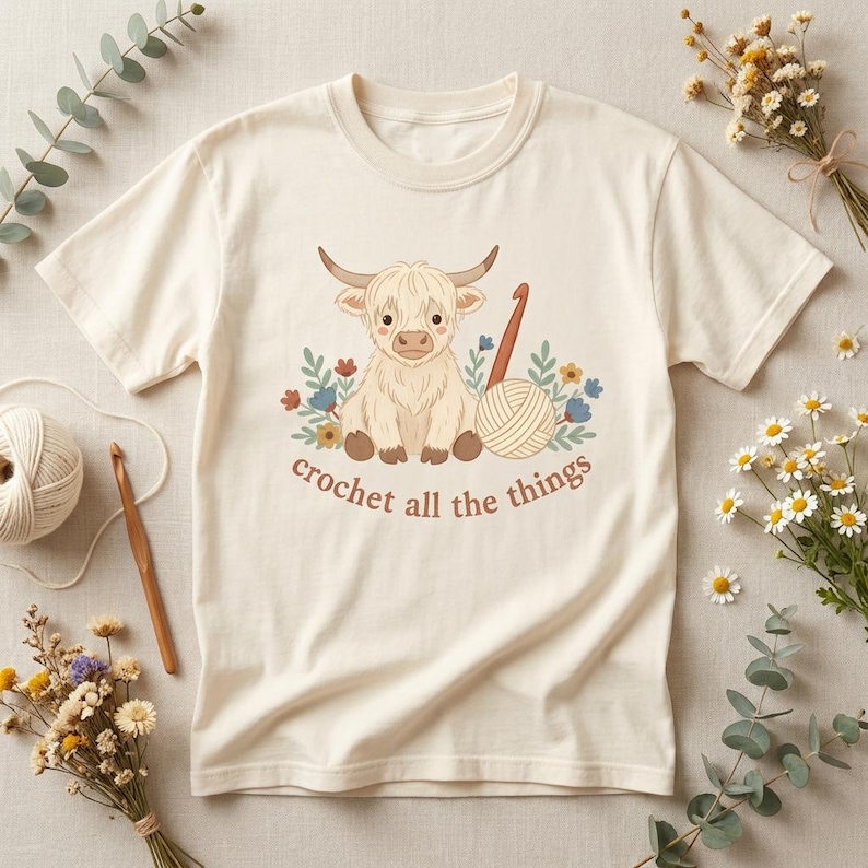 Highland Cow Crochet Shirt, Cottagecore Yarn Lover Tee, Comfort Colors Graphic (Garment-Dyed) image 1