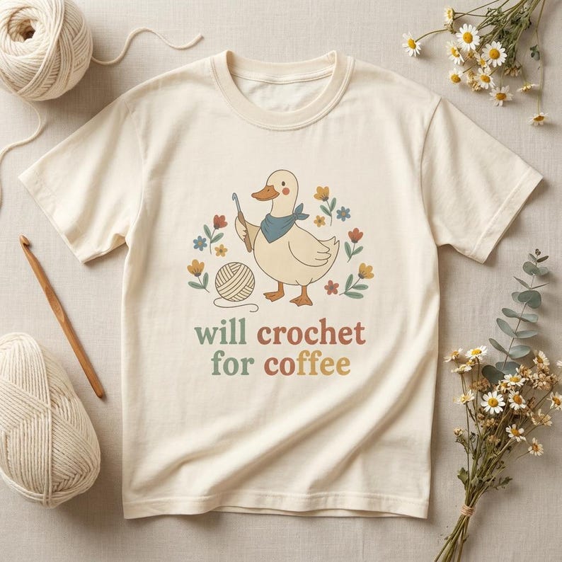 Will Crochet for Coffee Shirt, Cute Duck Crochet Tee, Funny Yarn Lover Gift for Women, Comfort Colors T-Shirt image 1