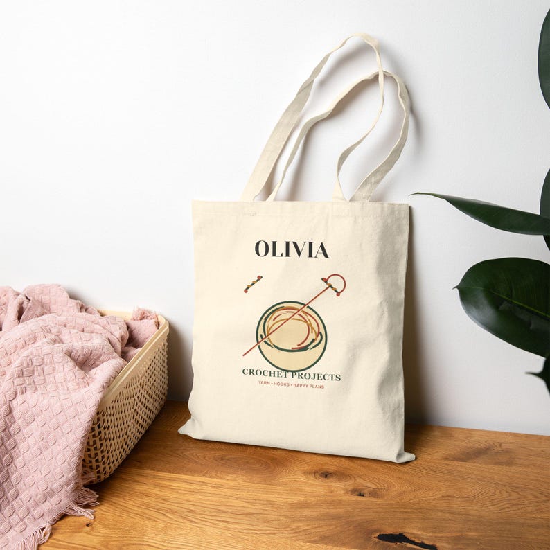 Personalized Crochet Tote Bag, Custom Name Yarn Lover Gift, Cotton Project Carry Bag image 5