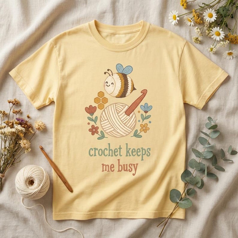 Bee Crochet Shirt, Yarn Lover Gift, Cottagecore Comfort Colors Tee image 1