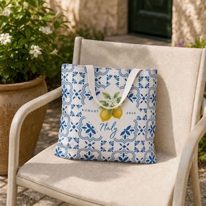 Lemon Tile Italy Tote Bag | Blue Mediterranean Ceramic Pattern