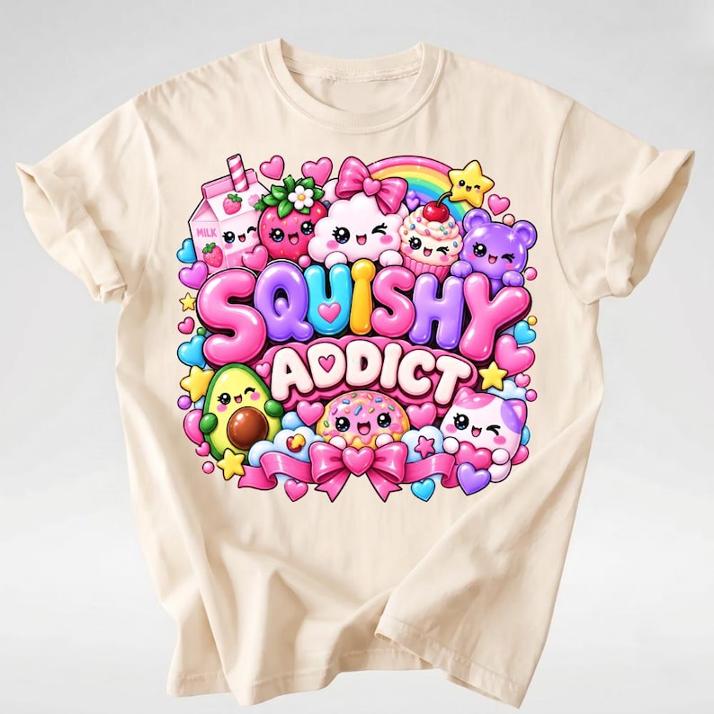 Op de afbeelding: Een cr&egrave;mekleurig t-shirt met een kleurrijke grafische print met de tekst SQUISHY ADDICT. Het ontwerp bevat stripfiguren zoals een aardbei, avocado, cupcake en melkpak, omringd door hartjes, sterren en een roze strik.