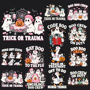 Puede incluir: Una colección de diseños gráficos con fantasmas y patos vestidos de enfermeros, con calabazas, equipo médico y textos que incluyen Trick or Trauma, Boo Boo Crew, Code Boo, Say Boo to the Flu sobre un fondo de color oscuro.