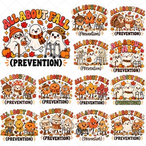Peut inclure: Une collection de douze designs graphiques représentant des personnages de dessins animés comme des fantômes, des citrouilles, des glands et des feuilles, avec le texte ALL ABOUT FALL (PREVENTION). Les illustrations montrent des thèmes d'automne.
