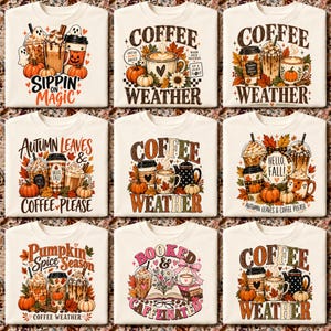 Puede incluir: Una colección de nueve camisetas color hueso con estampados gráficos de temática otoñal. Los diseños incluyen tazas de café, calabazas, follaje de otoño y textos como Sippin on Magic, Coffee Weather, Autumn Leaves & Coffee Please y Booked & Caffeinated.