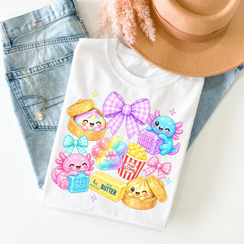 Op de afbeelding: Een wit t-shirt met een kleurrijke grafische print van twee axolotls, twee dim sum mandjes, een popcornemmer, een pakje boter met het label 4 oz. salted butter, een pootafdruk en drie strikken, gecombineerd met een lichtblauwe spijkerbroek en een beige hoed.
