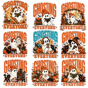 Puede incluir: Una colección de nueve ilustraciones gráficas con fantasmas en diversos entornos otoñales, cada una con el texto GHOSTING EVERYONE. Los diseños incluyen fantasmas leyendo libros, sentados en una luna creciente, en un columpio y con gatos.