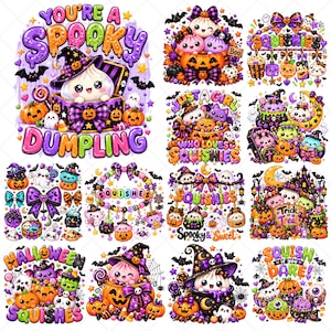 Puede incluir: Una colección de doce ilustraciones con temática de Halloween que presentan personajes lindos, calabazas, fantasmas y murciélagos. Los diseños incluyen textos como You're a Spooky Dumpling, Squishies, Just a Girl Who Loves Squishies, Trick or Treat y Squish if You Dare.