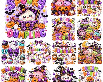 Halloween Dumpling PNG-bundel, Kawaii pompoen-spook clipart, schattig voedselfiguurontwerp, herfst sublimatiekunst, sticker, digitale download