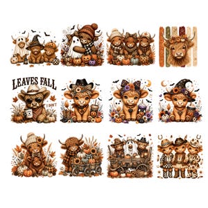 Puede incluir: Una colección de doce ilustraciones digitales que muestran ganado Highland en varios entornos de otoño y Halloween, incluyendo calabazas, follaje otoñal, sombreros de bruja, disfraces de fantasma y carretas, con el texto LEAVES FALL I DON'T incluido.