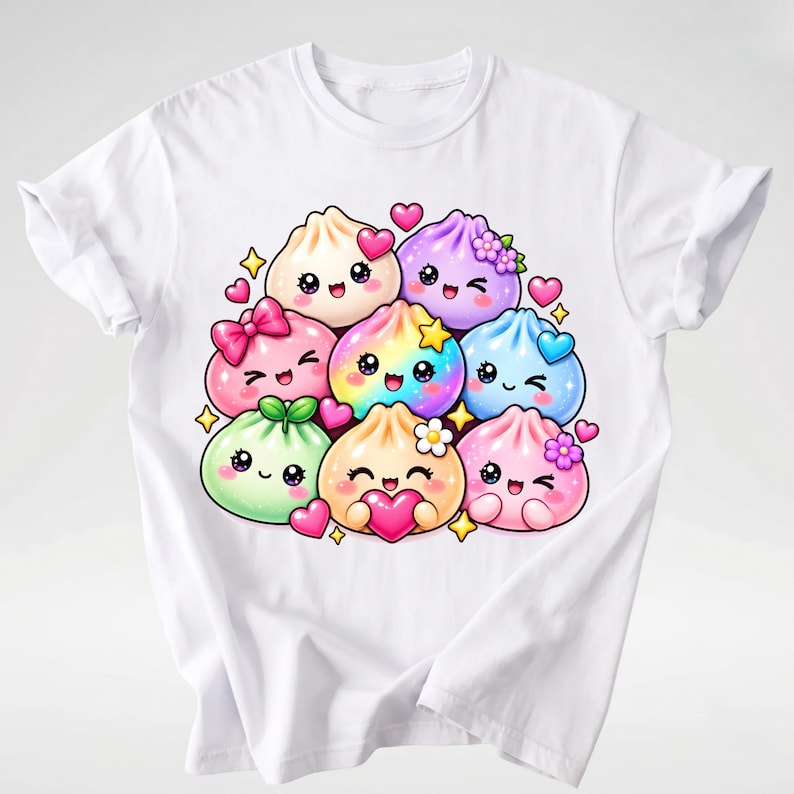 Op de afbeelding: Een wit T-shirt met korte mouwen en een centrale afbeelding van acht kleurrijke, lachende cartoon-dumplings. De dumplings zijn versierd met kleine hartjes, sterretjes, bloemetjes en strikjes in roze, blauwe, paarse, groene en gele tinten.
